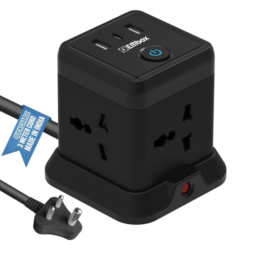 EMBOX Cube Extension Board with USB Type C | 2500W Extension Board with Switches | Extension Cord with 4 Universal Sockets Safety Shutter & Overload Protector (4 Socket + 3 USB - 3mtr (Black)) - Image 1