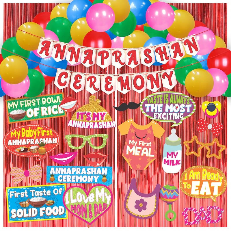 WOBBOX Annaprashan Party Props with Red & Light Pink Color Bunting Banner & Balloon & Foil Fringe, Annaprashan Decoration Item (44 Pcs Combo) - Image 1
