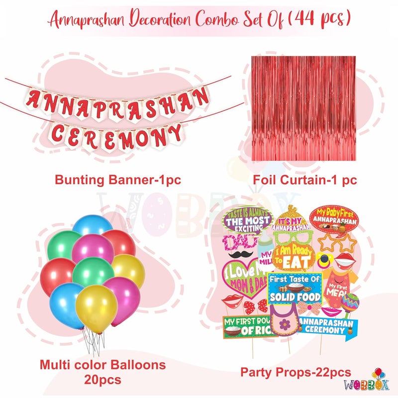 WOBBOX Annaprashan Party Props with Red & Light Pink Color Bunting Banner & Balloon & Foil Fringe, Annaprashan Decoration Item (44 Pcs Combo) - Image 2