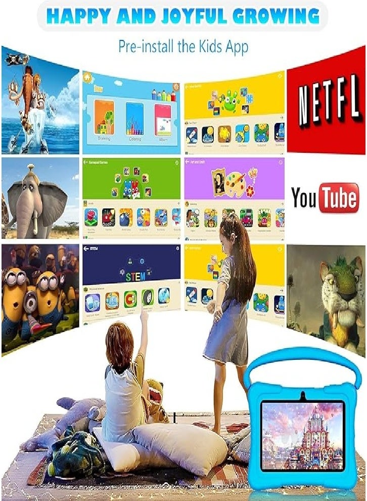جهاز لوحي للأطفال، ذاكرة 32 جيجابايت، شاشة 7 بوصات، حماية للعين، تعليم، أدوات تحكم أبوية، جهاز لوحي (جراب سيليكون أزرق) - Image 3