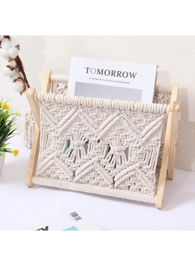 NANAO حامل مجلات ماكرامي - سلة خشبية صغيرة لتخزين الكتب، الصحف، والأغطية - منظم حبال قطنية لغرفة المعيشة، حضانة، غرفة النوم، المكتب - ديكور منزلي عصري - Image 1