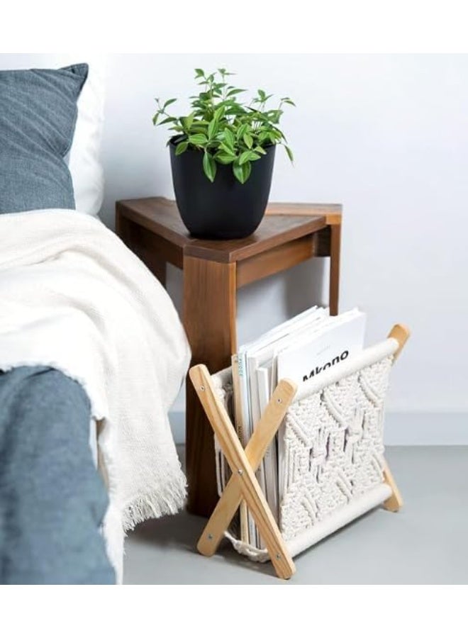 NANAO حامل مجلات ماكرامي - سلة خشبية صغيرة لتخزين الكتب، الصحف، والأغطية - منظم حبال قطنية لغرفة المعيشة، حضانة، غرفة النوم، المكتب - ديكور منزلي عصري - Image 4