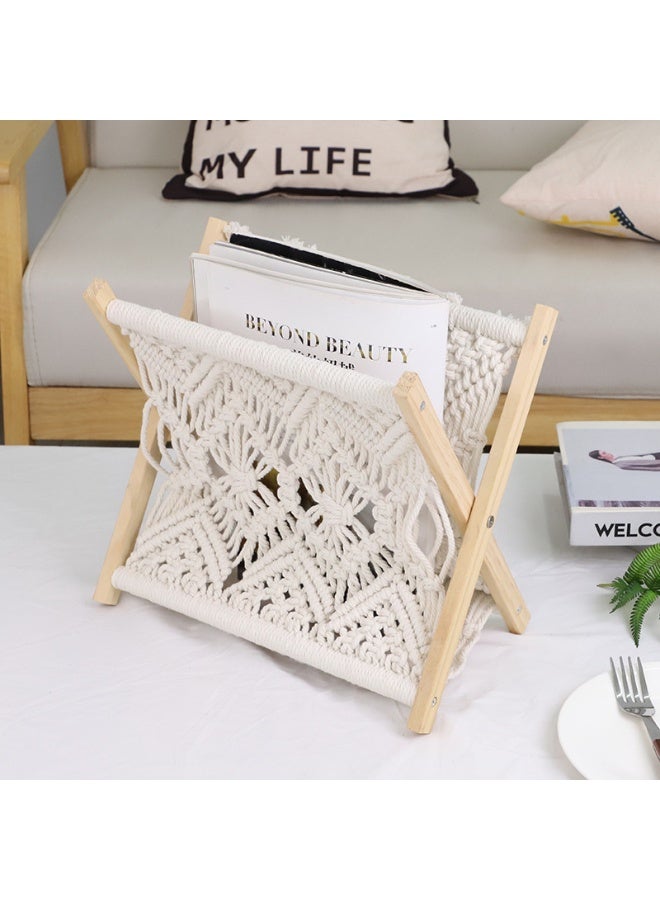 NANAO حامل مجلات ماكرامي - سلة خشبية صغيرة لتخزين الكتب، الصحف، والأغطية - منظم حبال قطنية لغرفة المعيشة، حضانة، غرفة النوم، المكتب - ديكور منزلي عصري - Image 2