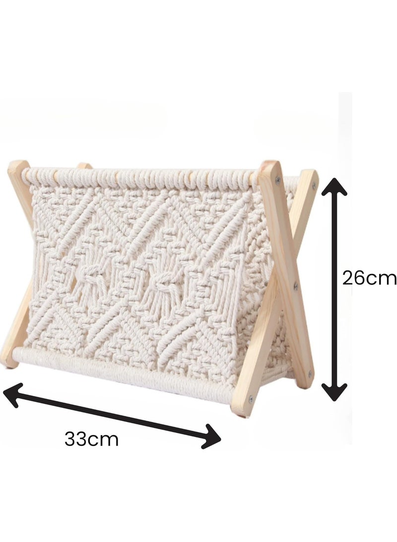 NANAO حامل مجلات ماكرامي - سلة خشبية صغيرة لتخزين الكتب، الصحف، والأغطية - منظم حبال قطنية لغرفة المعيشة، حضانة، غرفة النوم، المكتب - ديكور منزلي عصري - Image 5