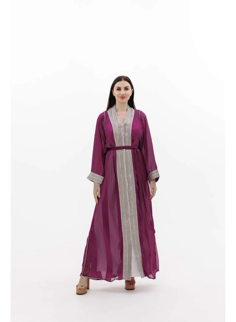 HANA & SARA LONG CLASSY SIMPLE MAGENTA PURPLE COLOUR FRONT LACE BUTTON LINING ARABIC KAFTAN JALABIYA DRESS