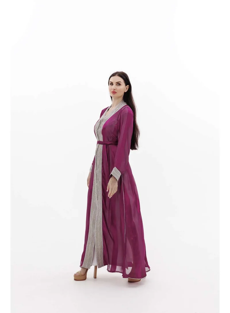 HANA & SARA LONG CLASSY SIMPLE MAGENTA PURPLE COLOUR FRONT LACE BUTTON LINING ARABIC KAFTAN JALABIYA DRESS