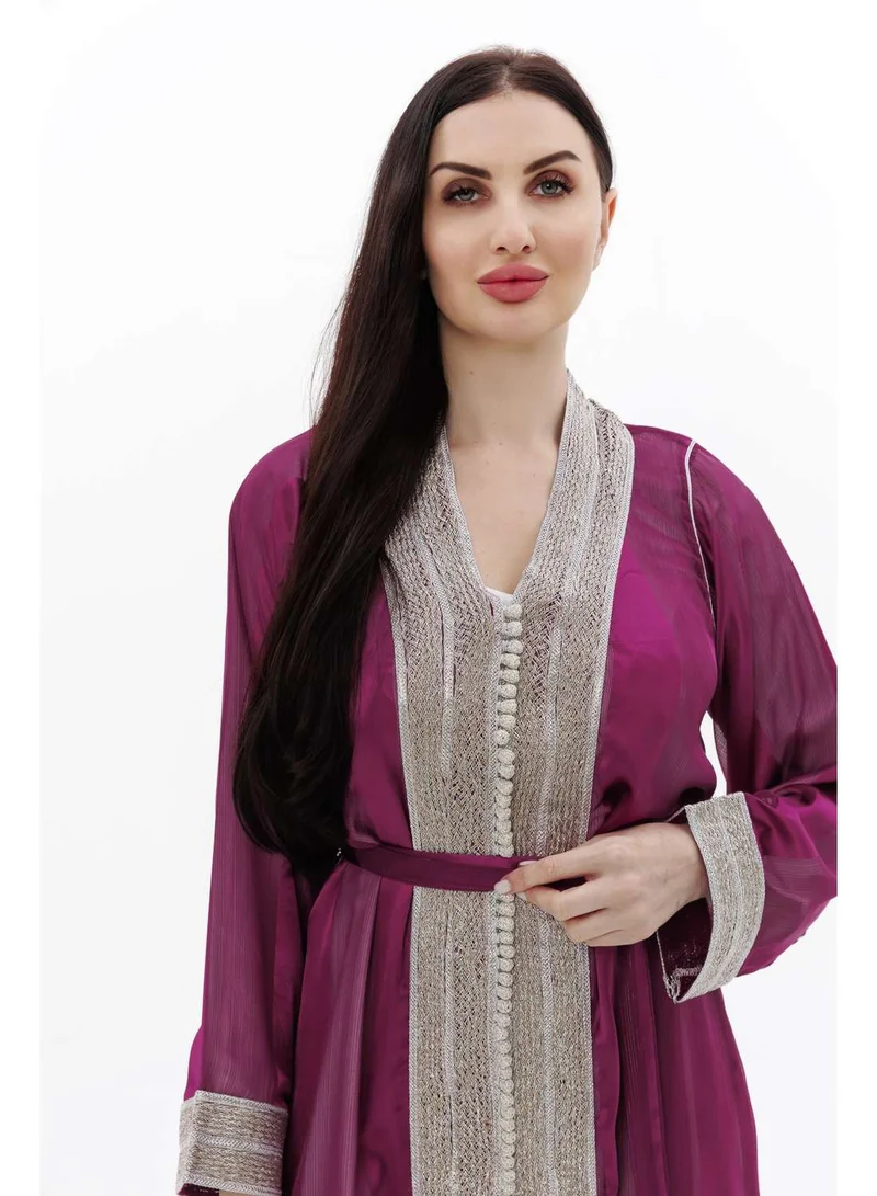 HANA & SARA LONG CLASSY SIMPLE MAGENTA PURPLE COLOUR FRONT LACE BUTTON LINING ARABIC KAFTAN JALABIYA DRESS