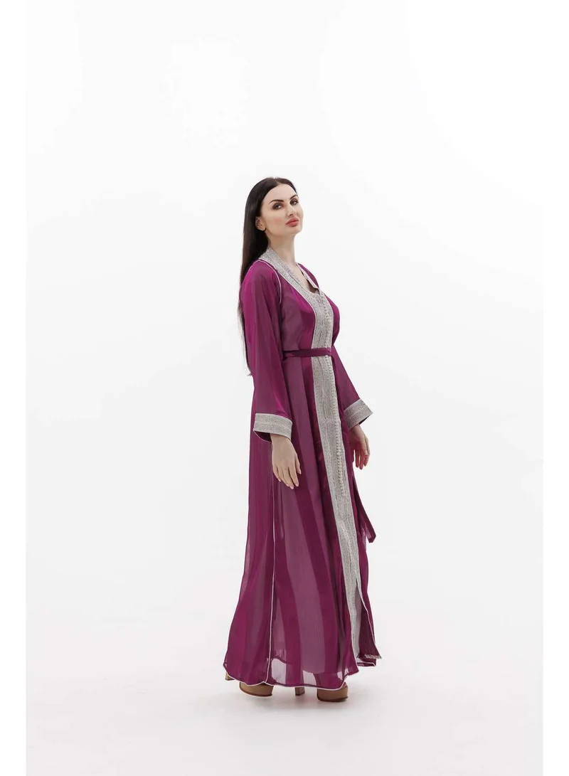 HANA & SARA LONG CLASSY SIMPLE MAGENTA PURPLE COLOUR FRONT LACE BUTTON LINING ARABIC KAFTAN JALABIYA DRESS