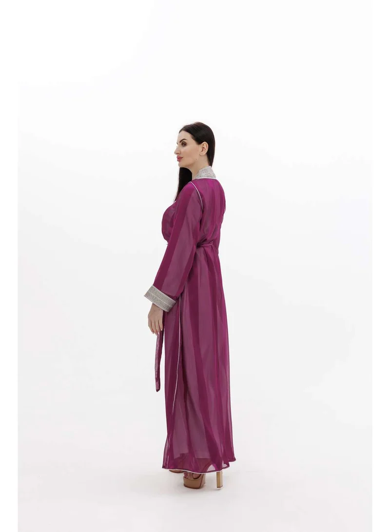 HANA & SARA LONG CLASSY SIMPLE MAGENTA PURPLE COLOUR FRONT LACE BUTTON LINING ARABIC KAFTAN JALABIYA DRESS