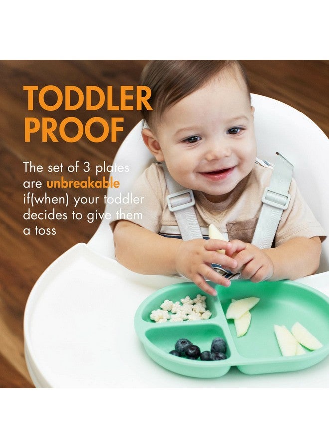 Boon CHOW Silicone Plate Set - 3 Unbreakable Divided Toddler Plates - Baby Plates for 6 Months and Up - Baby Led Weaning Supplies - Mint Multicolor - Image 3