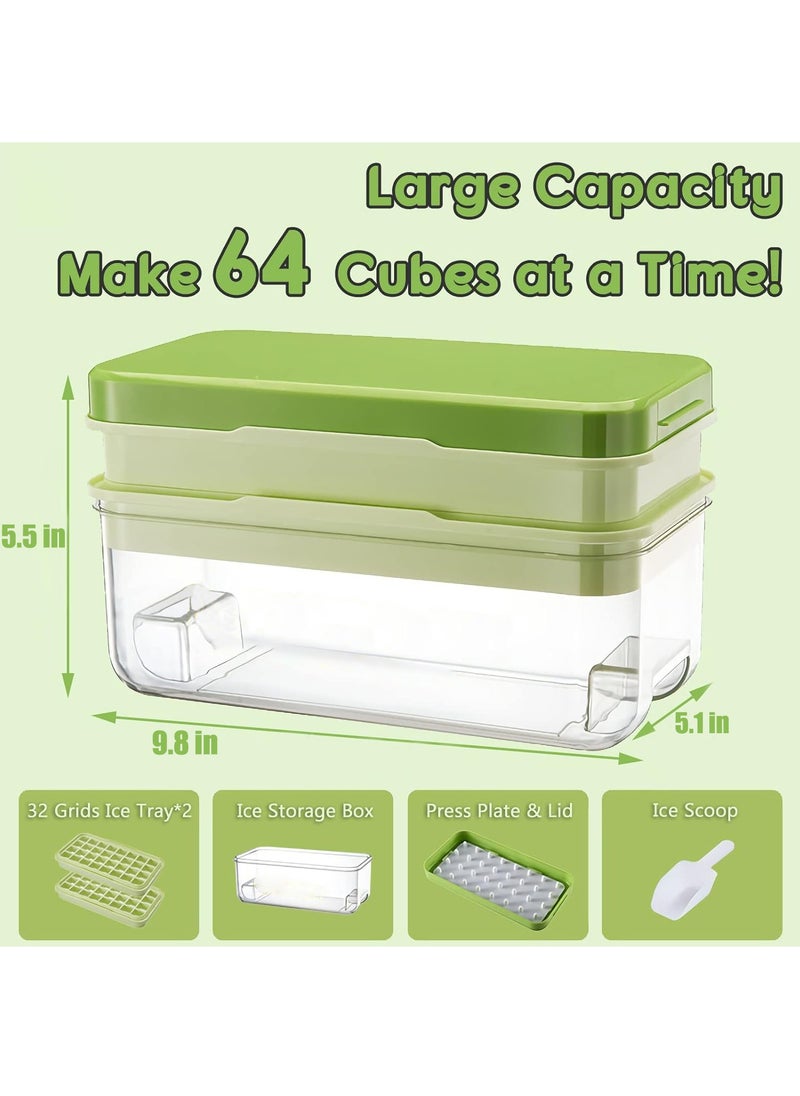 Generic - Ice Cube Tray with Lid and Bin 64 pcs Ice Cubes Molds Ice Trays for Freezer Ice Cube Tray Mold With 2 tray Ice Freezer Container Spill-Resistant Removable Lid & Ice Scoop for Srinks Coffee (Green) - Image 1