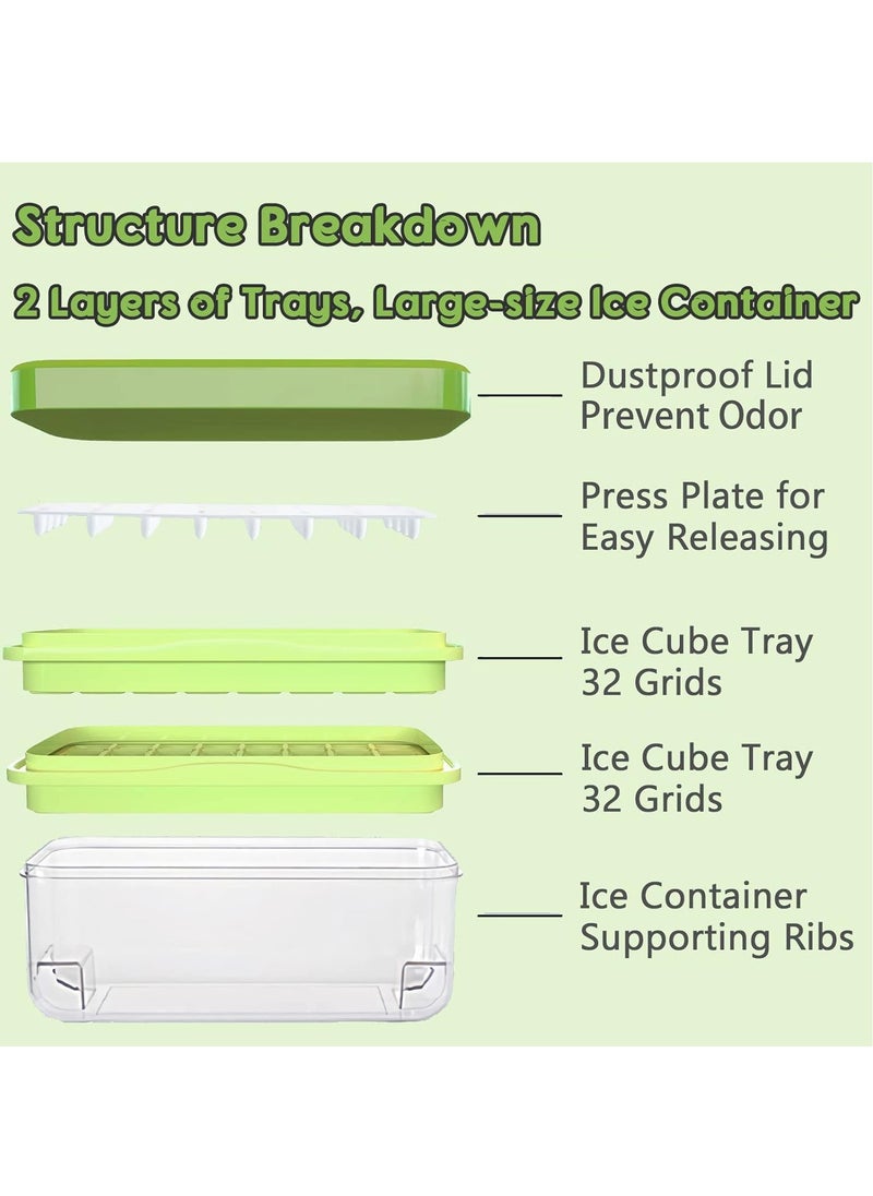 Generic - Ice Cube Tray with Lid and Bin 64 pcs Ice Cubes Molds Ice Trays for Freezer Ice Cube Tray Mold With 2 tray Ice Freezer Container Spill-Resistant Removable Lid & Ice Scoop for Srinks Coffee (Green) - Image 1