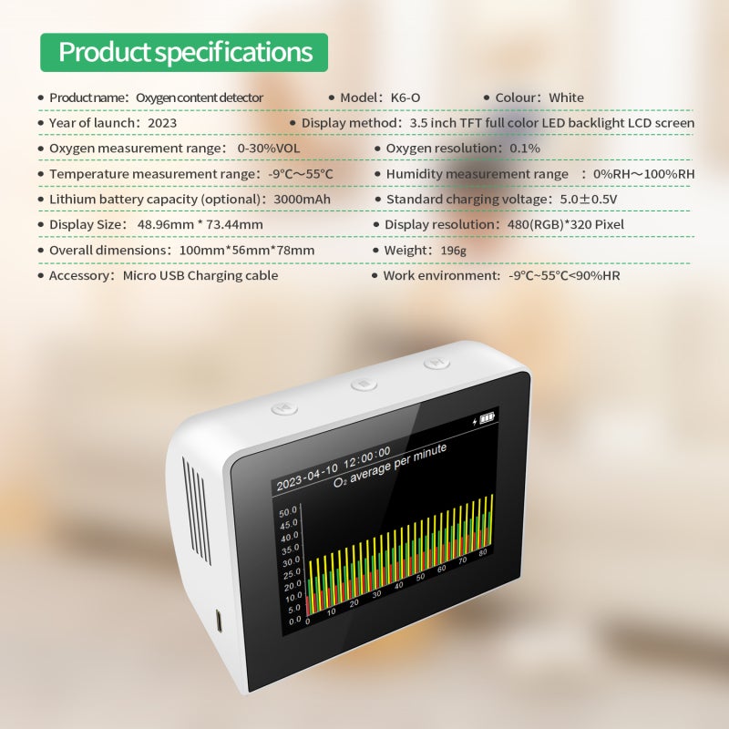 Desktop O2/RH/Temp. 3-in-1 Multifunctional Air Quality Detector Temperature Humidity Monitor Indoor/Outdoor O2 Meter Tester 3.5-inch Digital Hygrothermograph with Data Logger Rechargeable Battery for - Image 4