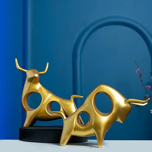 Street27® Golden Bull Statue for Home & Office Decor | Resin Figurine Symbolizing Strength, Power & Growth | Handcrafted Tabletop Showpiece for Traders, Investors & Business Desk (Set of 2) - Image 1