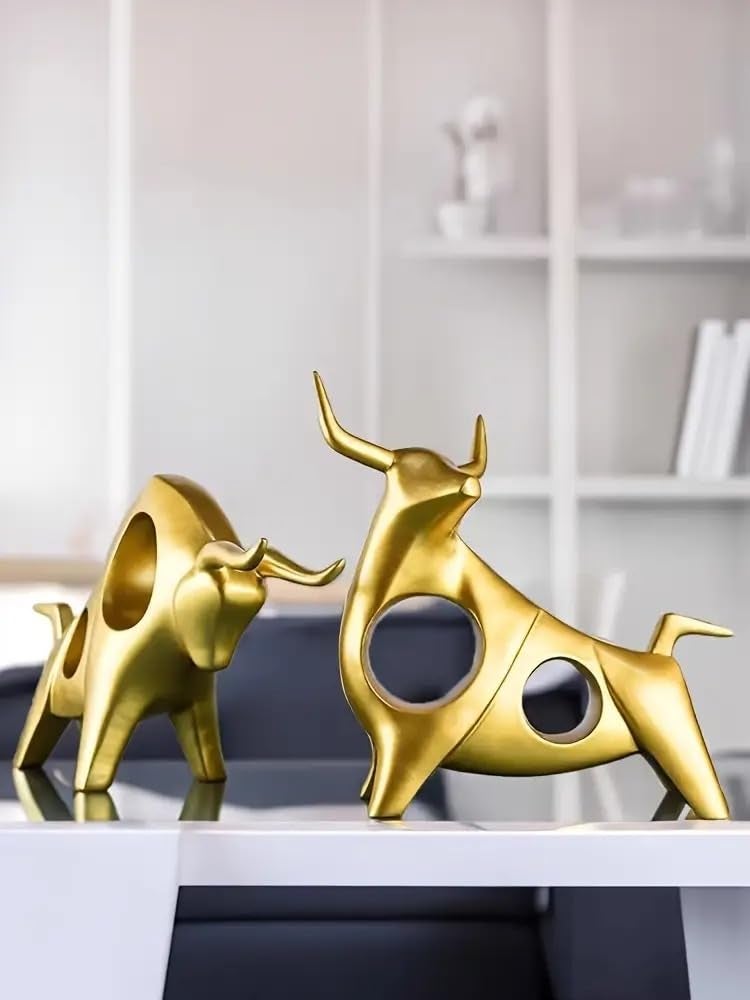 Street27® Golden Bull Statue for Home & Office Decor | Resin Figurine Symbolizing Strength, Power & Growth | Handcrafted Tabletop Showpiece for Traders, Investors & Business Desk (Set of 2) - Image 4