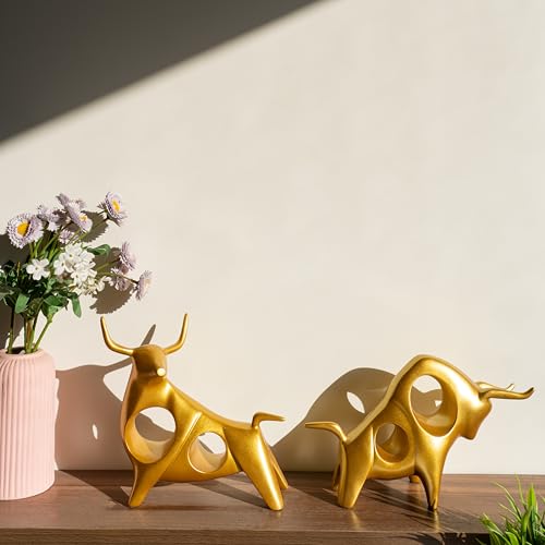 Street27® Golden Bull Statue for Home & Office Decor | Resin Figurine Symbolizing Strength, Power & Growth | Handcrafted Tabletop Showpiece for Traders, Investors & Business Desk (Set of 2) - Image 2