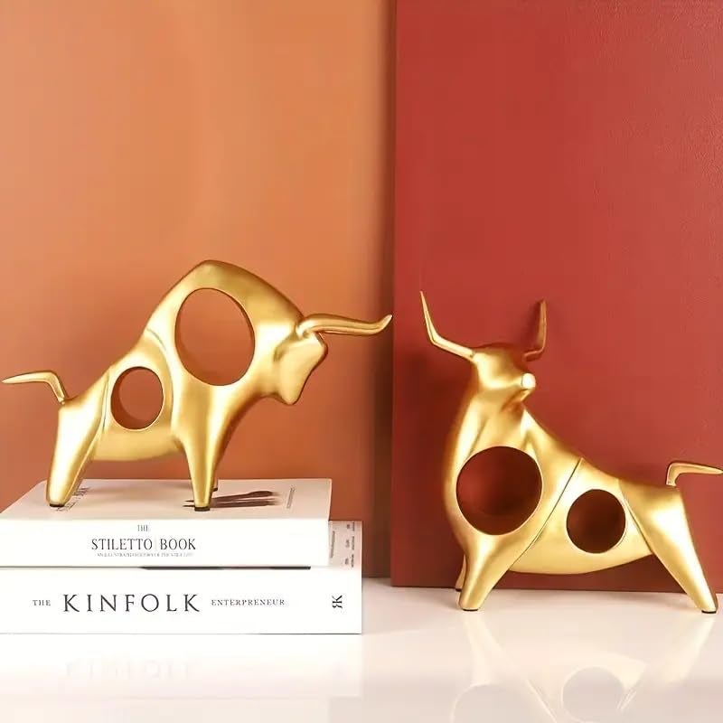 Street27® Golden Bull Statue for Home & Office Decor | Resin Figurine Symbolizing Strength, Power & Growth | Handcrafted Tabletop Showpiece for Traders, Investors & Business Desk (Set of 2) - Image 3