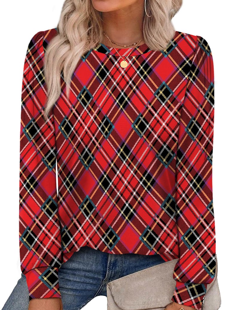 Alaroo Plaid Red Shirt Christmas Sweater Casual Tunic Tops Fall Fashion Basic Crewneck Sweatshirts Boho Clothes Print 5 S - Image 1