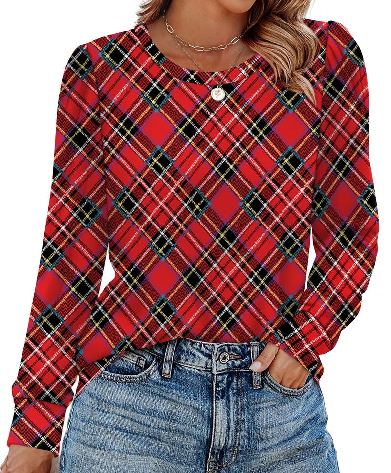 Alaroo Plaid Red Shirt Christmas Sweater Casual Tunic Tops Fall Fashion Basic Crewneck Sweatshirts Boho Clothes Print 5 S - Image 2