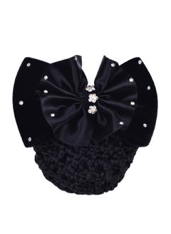Women Black Bowknot Snood Net Barrette with Rhinestone Elastic Hair Bun Cover Hair Clip Hairnet Lace Bow Headdress for Bank Clerk Nurse Air Hostess