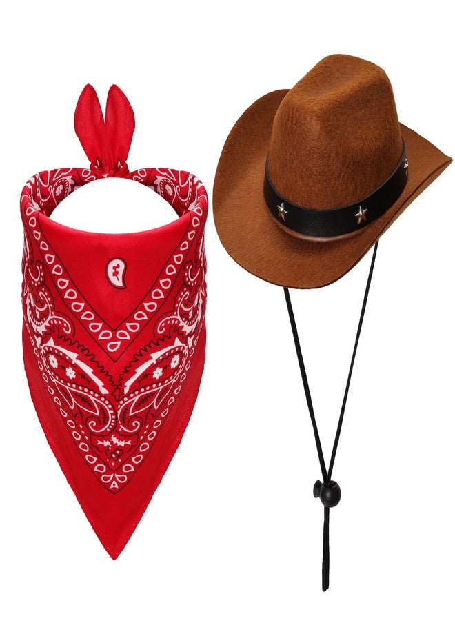 Fumwase Pet Cowboy Costume Halloween Costumes for Dogs Cat Puppy Hats with Bandana Scarf Cowboy Costume Accessories Dog Cat for Party Festival and Daily Wearing (Brown hat + Red, Large) - Image 1