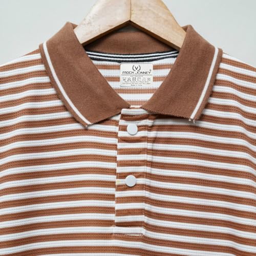 Mack Jonney Men's Striped Cotton Rich Collar Neck T Shirt | Collar Tshirts | Half Sleeves | Striped-Regular Fit-MM438-nw Brown - Image 4