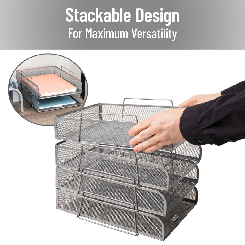 Mind Reader Stackable Paper Tray, Desktop Organizer, File Storage, Office, Metal Mesh, 10.5" L x 13.5" W x 11.25" H, 4 Pcs., Silver - Image 4
