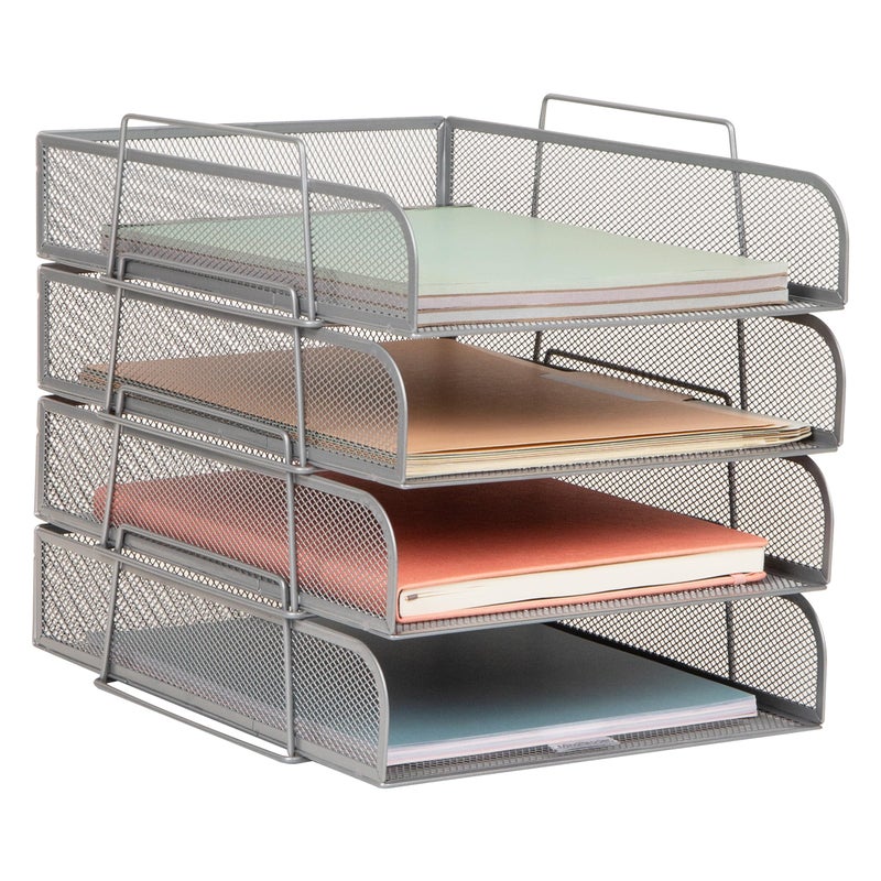 Mind Reader Stackable Paper Tray, Desktop Organizer, File Storage, Office, Metal Mesh, 10.5" L x 13.5" W x 11.25" H, 4 Pcs., Silver - Image 1