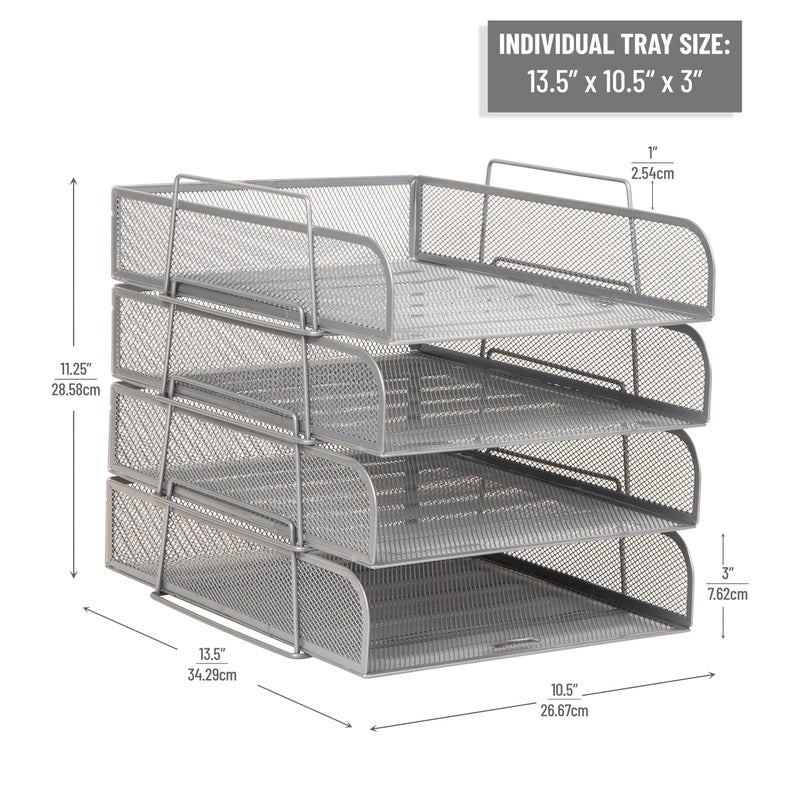 Mind Reader Stackable Paper Tray, Desktop Organizer, File Storage, Office, Metal Mesh, 10.5" L x 13.5" W x 11.25" H, 4 Pcs., Silver - Image 3