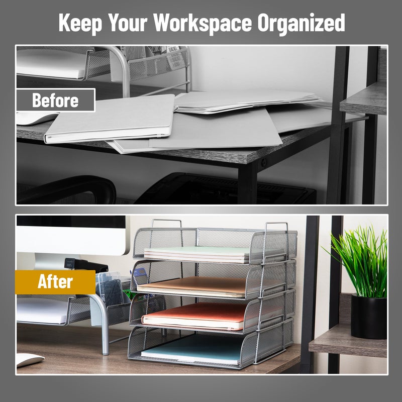 Mind Reader Stackable Paper Tray, Desktop Organizer, File Storage, Office, Metal Mesh, 10.5" L x 13.5" W x 11.25" H, 4 Pcs., Silver - Image 5
