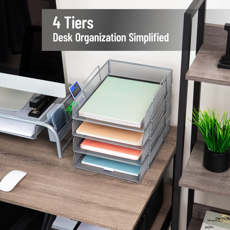 Mind Reader Stackable Paper Tray, Desktop Organizer, File Storage, Office, Metal Mesh, 10.5" L x 13.5" W x 11.25" H, 4 Pcs., Silver - Image 2