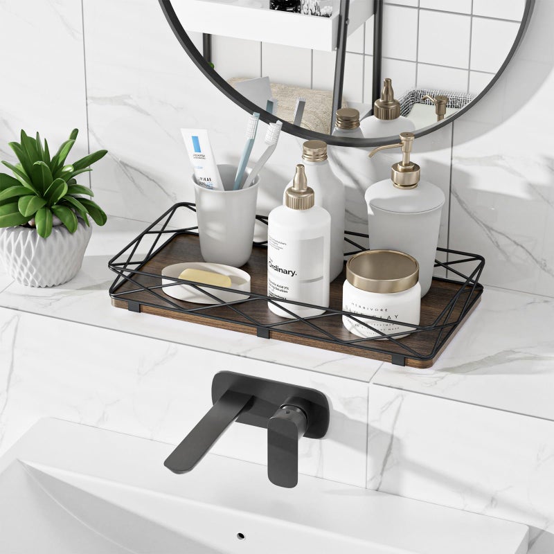 Lixple Toilet Paper Basket Holder, 13" Toilet Tank Tray, Wood and Metal Toilet Tray Vanity Organizer Bathroom Tray, Kitchen Sink Organizer for Soap Dispenser (Brown+Black) - Image 4