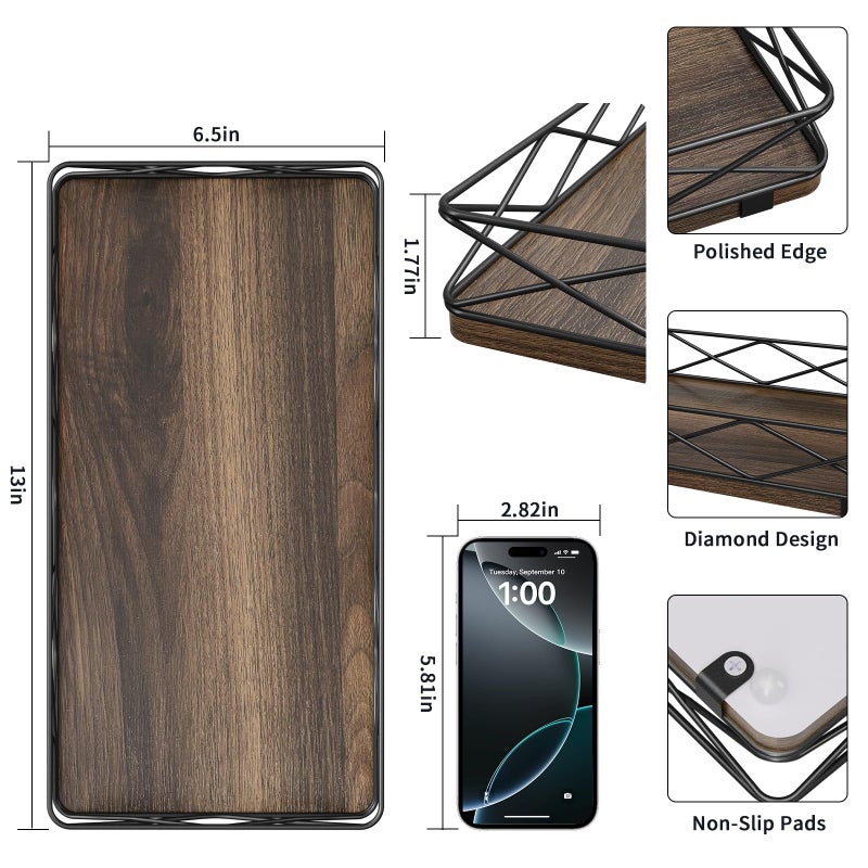 Lixple Toilet Paper Basket Holder, 13" Toilet Tank Tray, Wood and Metal Toilet Tray Vanity Organizer Bathroom Tray, Kitchen Sink Organizer for Soap Dispenser (Brown+Black) - Image 2