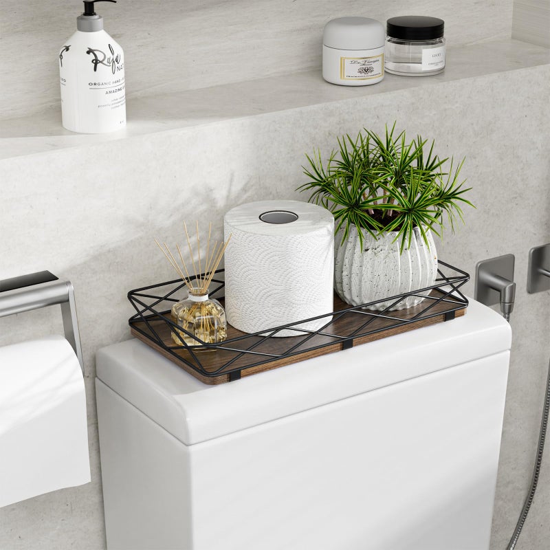 Lixple Toilet Paper Basket Holder, 13" Toilet Tank Tray, Wood and Metal Toilet Tray Vanity Organizer Bathroom Tray, Kitchen Sink Organizer for Soap Dispenser (Brown+Black) - Image 3