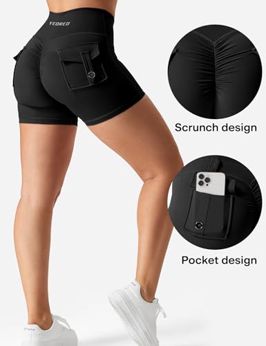 YEOREO Scrunch Workout Shorts with Pockets Charm Gym Biker Shorts for Women High Waisted Yoga Booty Shorts Black M - Image 4