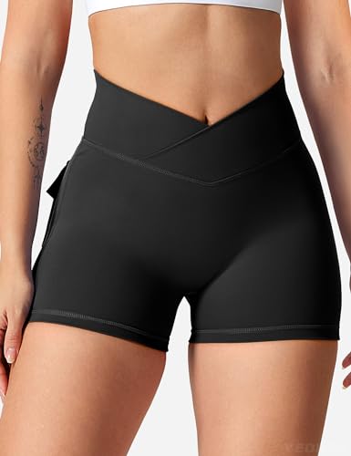YEOREO Scrunch Workout Shorts with Pockets Charm Gym Biker Shorts for Women High Waisted Yoga Booty Shorts Black M - Image 2