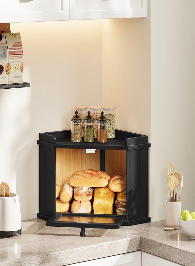 HOOBRO Bamboo Bread Box, Kitchen Countertop Corner Bread Box, Bread Bin with Rippled Acrylic Door, Bread Storage Container, Food Storage Box for Kitchen, Dining Room, Pantry, Black BK18MB01 - Image 2