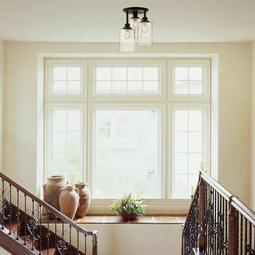 Globe Electric 65904 3-Light Bronze Semi-Flush Mount Ceiling Light Fixture with Seeded Glass Shades, Ideal for Kitchen, Bathroom, Bedroom, Closet Light, Home Essentials, LED Bulbs Compatible - Image 2