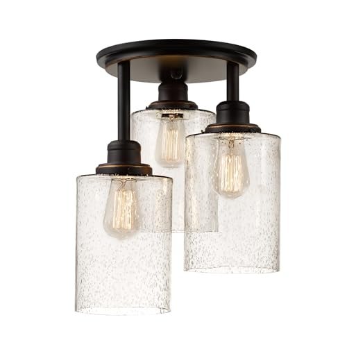 Globe Electric 65904 3-Light Bronze Semi-Flush Mount Ceiling Light Fixture with Seeded Glass Shades, Ideal for Kitchen, Bathroom, Bedroom, Closet Light, Home Essentials, LED Bulbs Compatible - Image 1