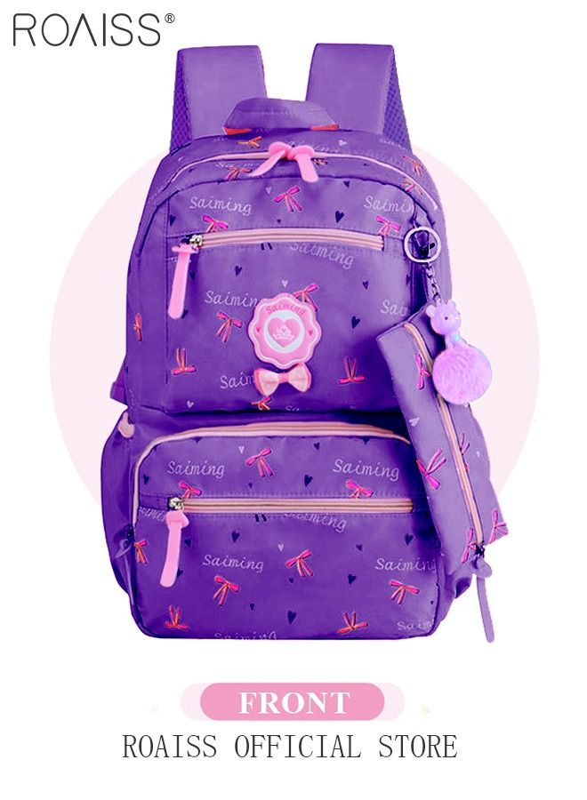 roaiss 3pcs Heart and Bowknot Printed Graphic Cute Functional Backpack Set Schoolbag and Shoulder Bag and Pencil Case with Doll Pendant for Kids/Girls - Image 4