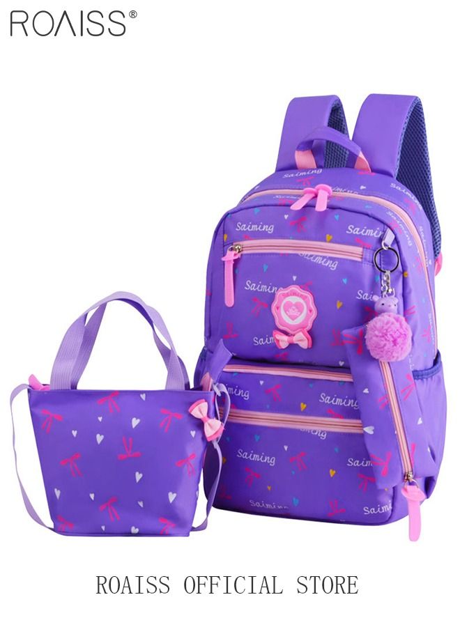 roaiss 3pcs Heart and Bowknot Printed Graphic Cute Functional Backpack Set Schoolbag and Shoulder Bag and Pencil Case with Doll Pendant for Kids/Girls - Image 3