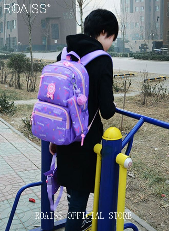 roaiss 3pcs Heart and Bowknot Printed Graphic Cute Functional Backpack Set Schoolbag and Shoulder Bag and Pencil Case with Doll Pendant for Kids/Girls - Image 2