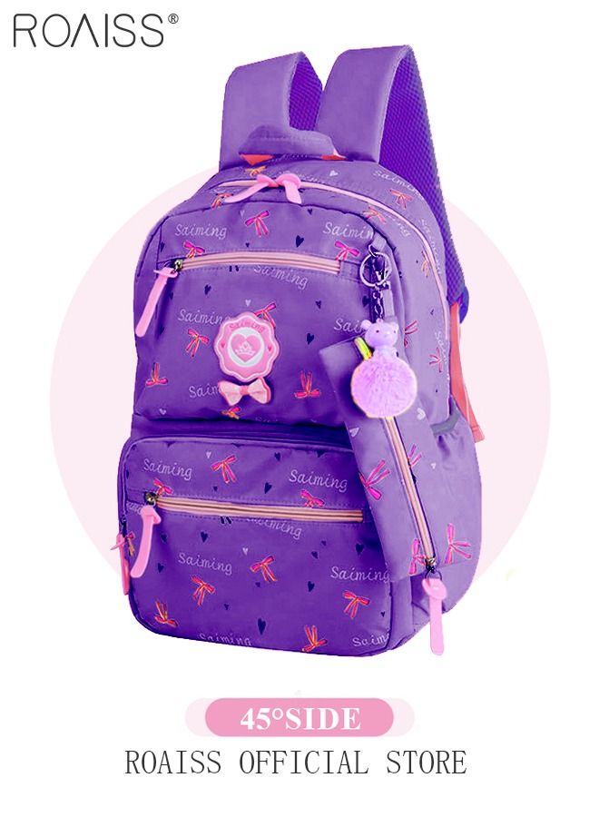 roaiss 3pcs Heart and Bowknot Printed Graphic Cute Functional Backpack Set Schoolbag and Shoulder Bag and Pencil Case with Doll Pendant for Kids/Girls - Image 5
