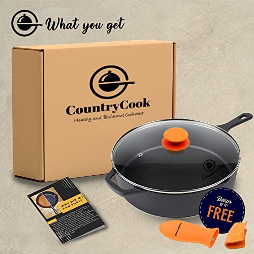 CountryCook Pre-Seasoned Cast Iron Frying Pan/Skillet, Glass Lid, 30cms, 4kg Heavy Duty, Gas & Induction Friendly Naturally Non-Stick Loha, Cooking & Frying Non Toxic, Enamel/Coating Free - Image 3