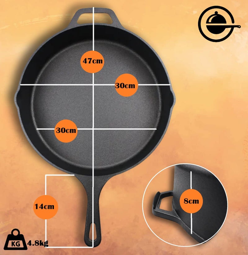 CountryCook Pre-Seasoned Cast Iron Frying Pan/Skillet, Glass Lid, 30cms, 4kg Heavy Duty, Gas & Induction Friendly Naturally Non-Stick Loha, Cooking & Frying Non Toxic, Enamel/Coating Free - Image 2
