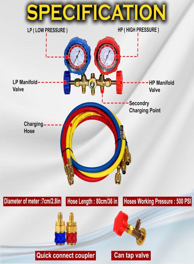 Digital Craft مجموعة عدادات ضغط رقمية لأجهزة التكييف - متوافقة مع غازات التبريد R12 وR22 وR404A وR134A، تتضمن وصلة سريعة وصمام فتح. - Image 4