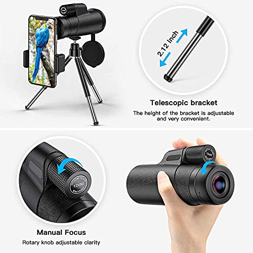 Qisebin Monocular Telescope,12 x 50 High Definition Monocular withwith BAK4 Prism for Wildlife Bird Watching Hunting Camping Travelling Wildlife Secenery,Black - Image 2