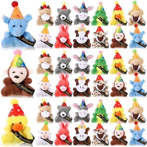 Blueweenly 36 Pcs Birthday Mini Plush Toys Small Stuffed Animals with Hat for Student Classroom Reward Gifts Return Gifts for Birthday Party Goodies Bag Fillers Party Decor - Image 1