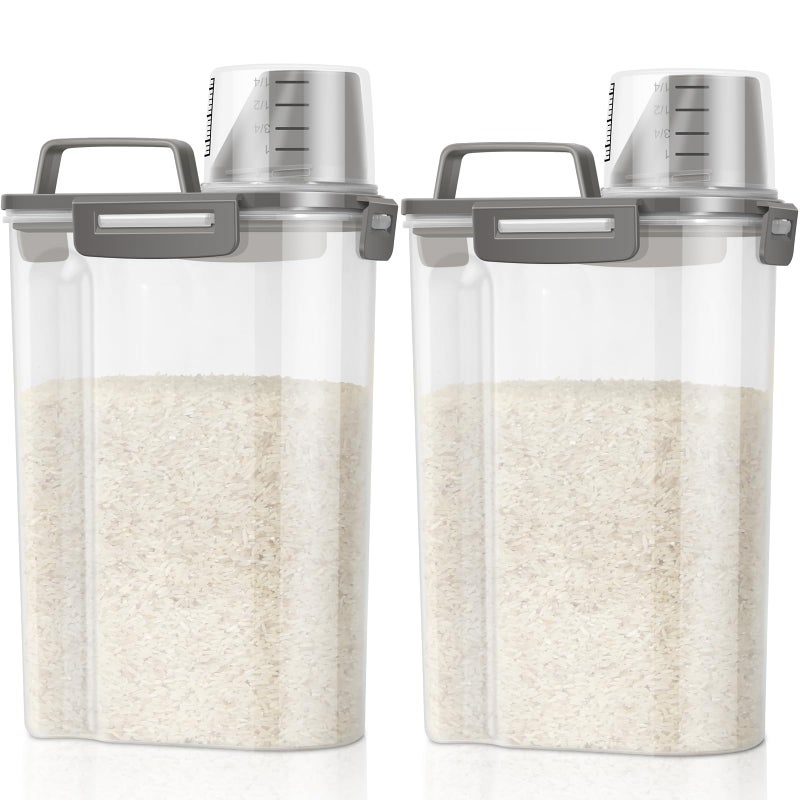 TBMax Rice Container Cereal Storage Container 2 Pack 5 Lbs, Kitchen Pantry Dry Food Storage Holder with Easy-Pouring Spout & Handy Cup, Small Pet Dog Cat Food Dispenser for Daily Feeding -Grey - Image 1