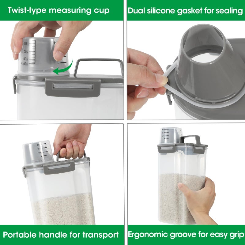 TBMax Rice Container Cereal Storage Container 2 Pack 5 Lbs, Kitchen Pantry Dry Food Storage Holder with Easy-Pouring Spout & Handy Cup, Small Pet Dog Cat Food Dispenser for Daily Feeding -Grey - Image 4